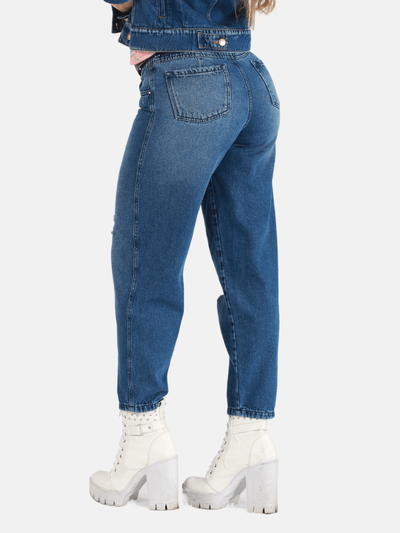 Mom jeans rectos para dama azul medio